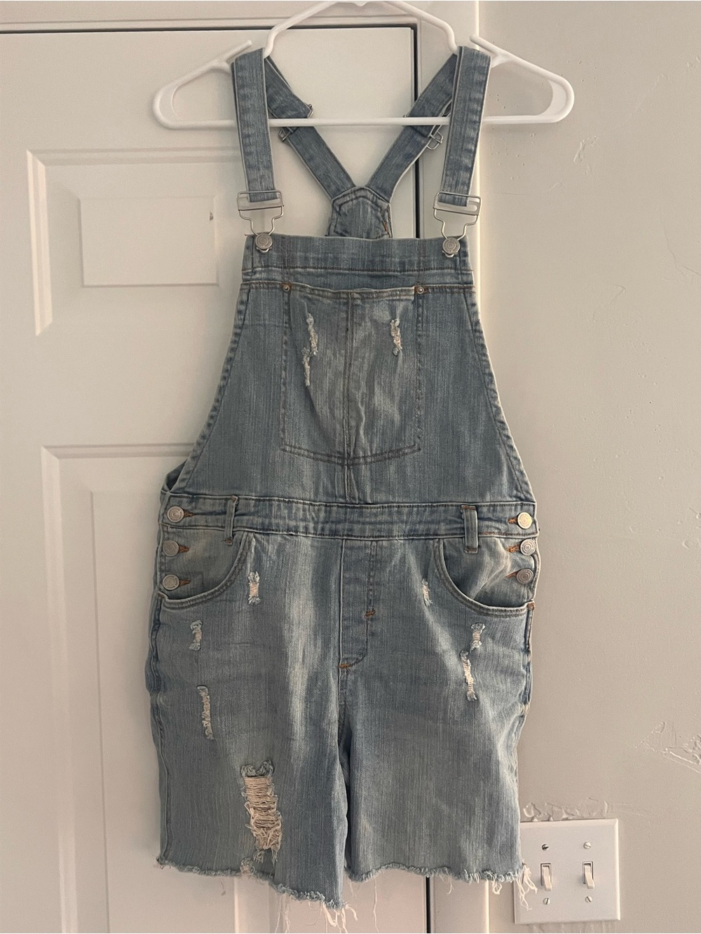 Almost Famous Light Blue Distressed Denim Short Overalls - Men